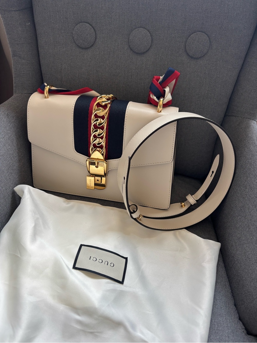 Gucci Sylvie Shoulder Bag with Navy & Red Stripe, and brand new leather stripe